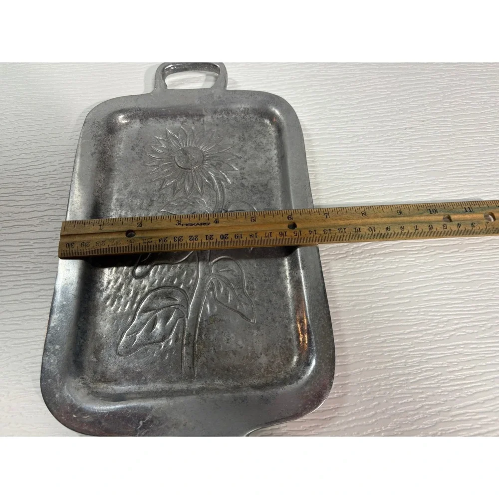 Vintage Hammered Aluminum Sunflower Serving Tray Platter with Handles S0069